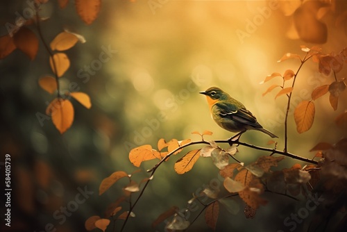  a small bird perched on a branch in a tree filled with leaves. generative ai