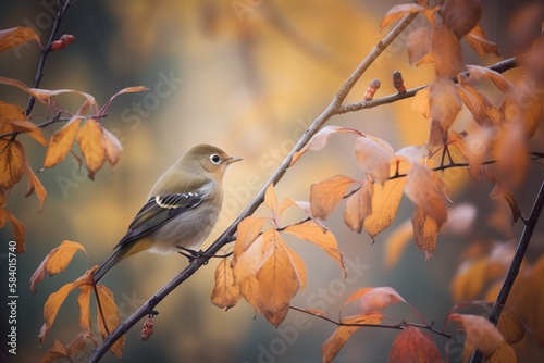  a small bird perched on a tree branch with autumn leaves. generative ai