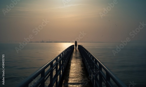  a person standing on a pier looking out at the ocean. generative ai