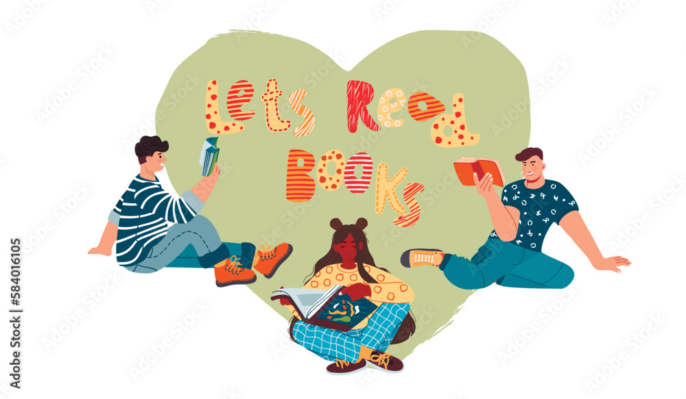 Set of people reading storybook and lettering.Lets read books poster with hand written text.Cartoon characters in clothes with prints and shoes.Vector flat illustration isolated on white background.
