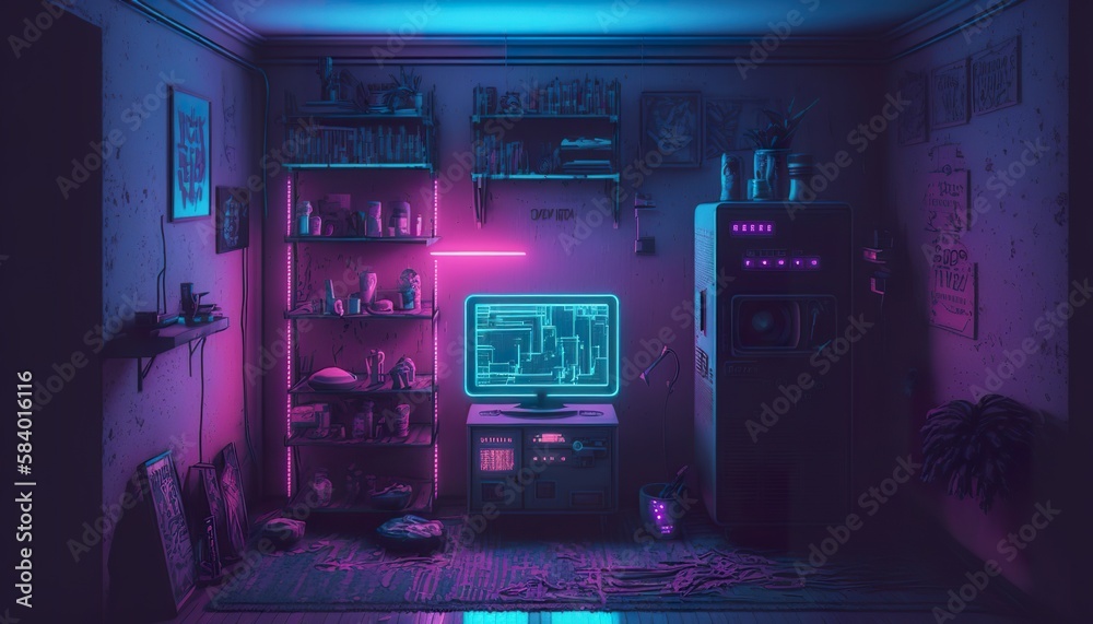 Cyberpunk gaming room with neon light . Creative illustration. (Ai Generate)