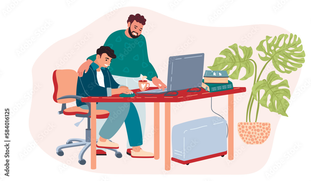 Parent helps son with homework.Characters are sitting at the table with a computer,books,tea cup,houseplant.Vector flat style  cartoon illustration isolated on white.Education and guidance concept.
