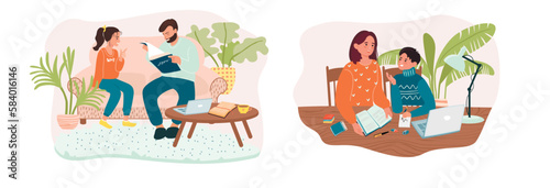 Parents helps son and daughter with homework.Characters are sitting at the table with laptop,lamp,book,houseplant.Set of vector flat cartoon illustrations on white.Education and guidance concept.