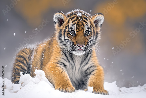 a cute baby tiger is playing in the snow. Generative AI