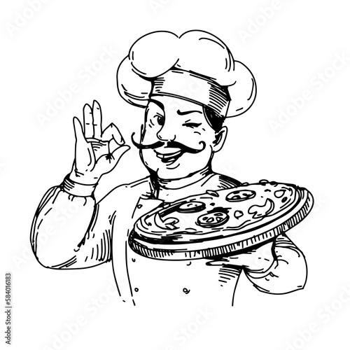 Smiling chef in a uniform, with moustache, vintage cook with pizza. Line art drawing, black and white hand drawn illustration, design for pizzeria.