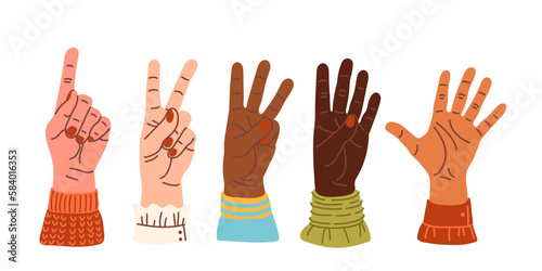 Hands count, counting on the fingers Hand gesture vector illustration isolated. Numbers on the hands. Hand smudge. different nationalities races Diverse society Cartoon style