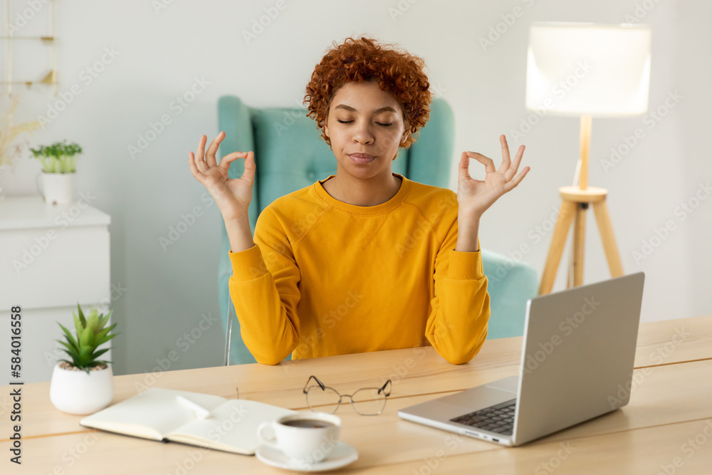 No stress keep calm. Mindful african businesswoman practices breathing ...