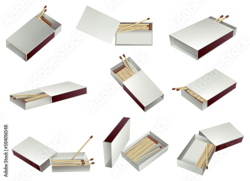Collection of matchboxes. Opened matchbox. Sulphur and wooden sticks lying in open case. Top view and isometric projection vector illustration isolated on white background