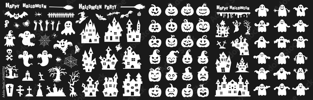 Set of silhouettes of Halloween on a black background. Vector illustration