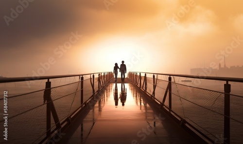  two people standing on a bridge with the sun setting in the background. generative ai
