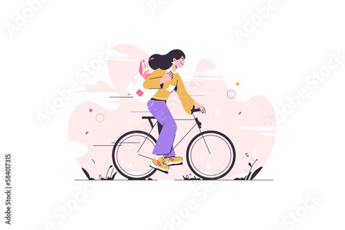 Happy Girl Riding a Bicycle with bag full of flowers. The concept of outdoor activities in the city, healthy lifestyle. Eco-friendly vehicle. Girl on bike. Riding bicycle fast, hurry. Cartoon vector 