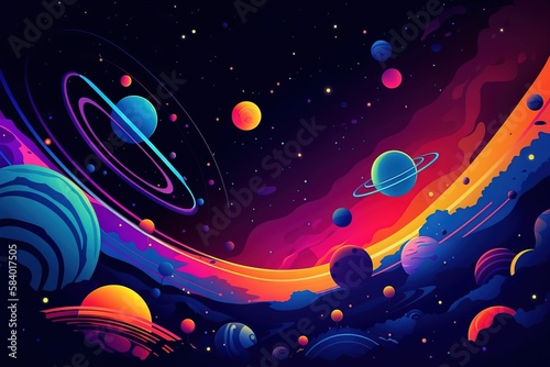  a space scene with planets and a rainbow colored sky with stars.  generative ai