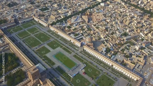 Sheikh Lotfollah Mosque at Naqsh-e Jahan Square in Isfahan, Iran. Construction of the mosque started in 1603 and was finished in 1618. (aerial photography)