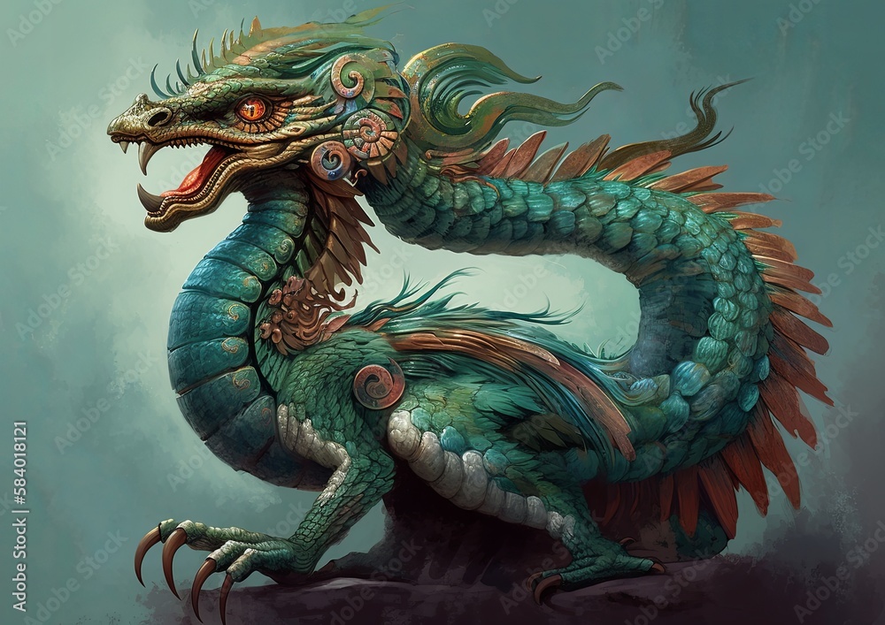 Quetzalcoatl, feathered serpent of ancient Aztec culture. Generative AI. Quetzalcoatl, feathered serpent of ancient Aztec culture. Generative AI.