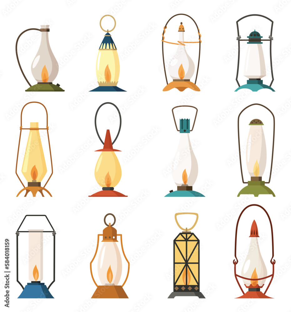 Vintage camping lantern set. Different oil lamp collection. Various