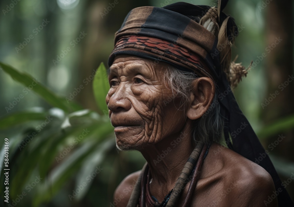 Close up portrait of elderly man from indigenous tribe of Mentawai culture.. Concept of shamanism. Generative AI.