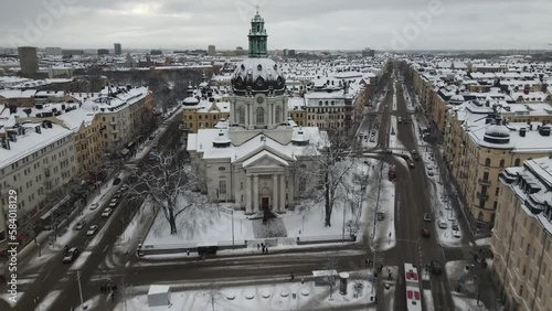 Aerial video of Stockholm, Sweden, Gustaf Vasa Odenplan church photo