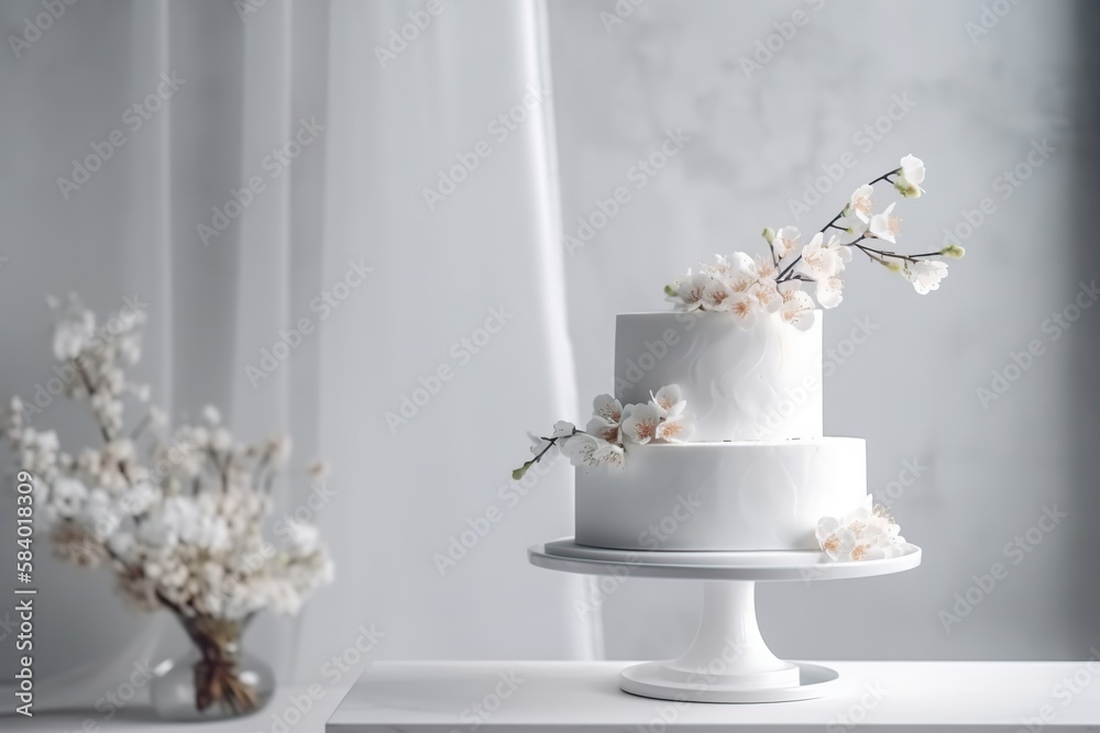 White wedding cake decorated with flowers on a gray background. Generative AI	