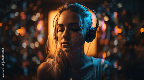 Woman listening to music with ethereal energy flowing. Generative Ai.
