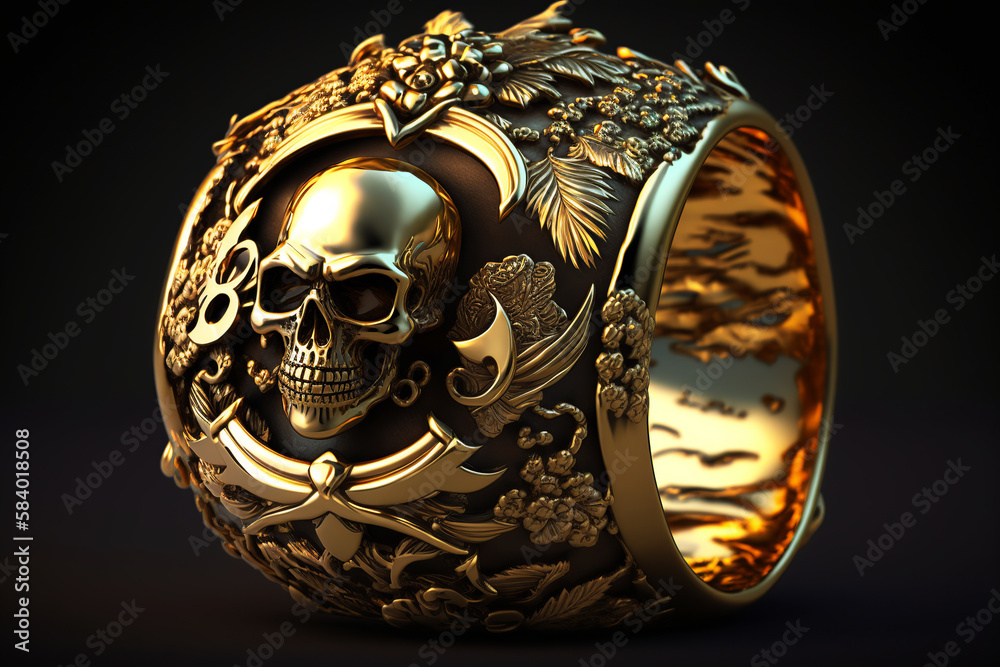 Illustration of a pure gold pirate ring on dark background. Generative AI.