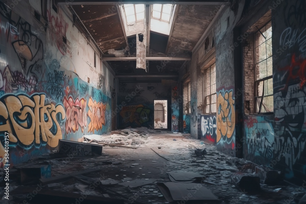an abandoned building with graffiti all over the walls and floor. generative ai an abandoned building with graffiti all over the walls and floor. generative ai