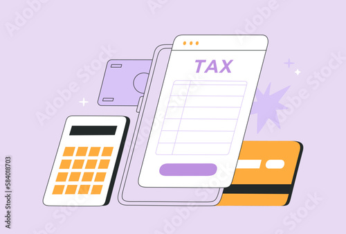 Concept tax payment. Data analysis, financial report, calculation of tax return. Payment of debt. Hand drawn color vector illustration, isolated on purple background, modern flat cartoon style.