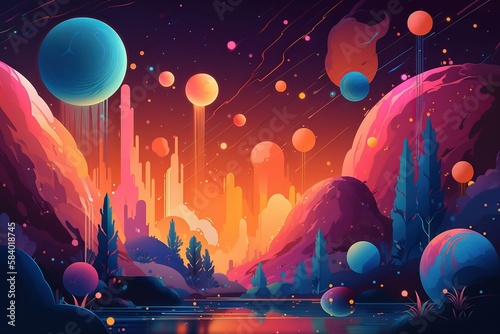  a painting of a landscape with planets and mountains in the background. generative ai