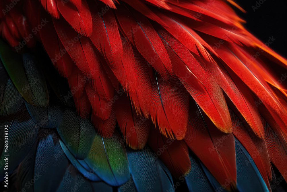 Obraz premium Close up of Scarlet macaw bird's feathers. AI generated