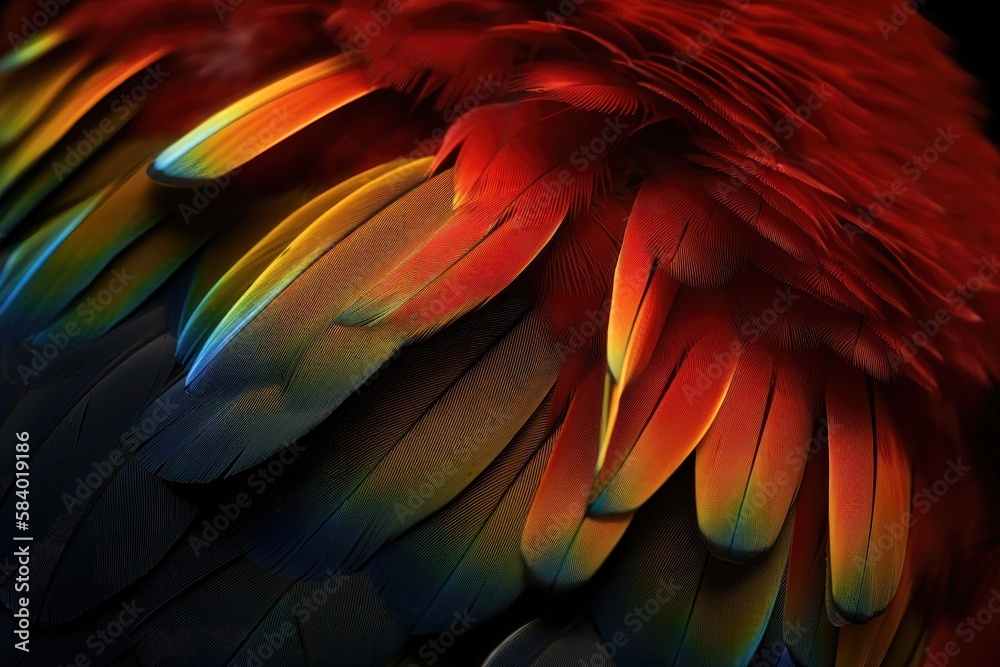 Obraz premium Close up of Scarlet macaw bird's feathers. AI generated