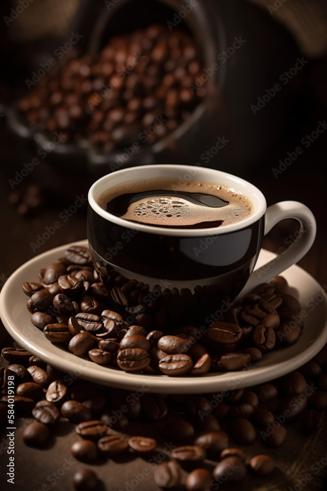 cup of coffee with beans on a table 
