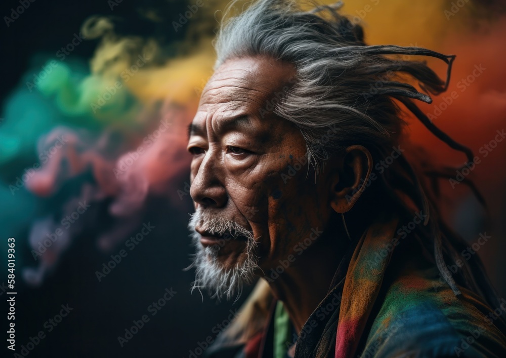 Portrait of a dreadlock elderly Asian man with colorful smoke at background. Concept of spirituality. Generative AI. Portrait of a dreadlock elderly Asian man with colorful smoke at background. Concept of spirituality. Generative AI.