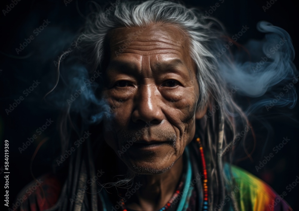 Portrait of a elderly Asian man at black background. Concept of spirituality. Generative AI.