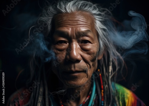 Portrait of a elderly Asian man at black background. Concept of spirituality. Generative AI.