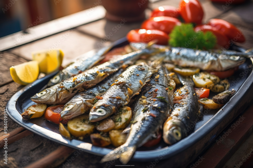 grilled sardines with lemon and herbs on a plate
grilled sardines with lemon and herbs on a plate