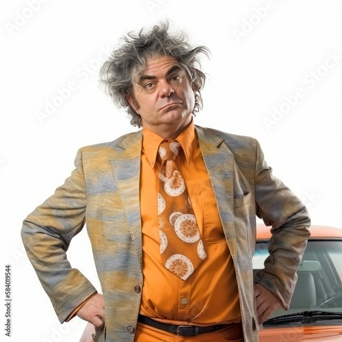 Used car salesman in cheap suit standing in front of car, auto dealership, sales pitch, negotiation, selling, automotive industry, generative ai