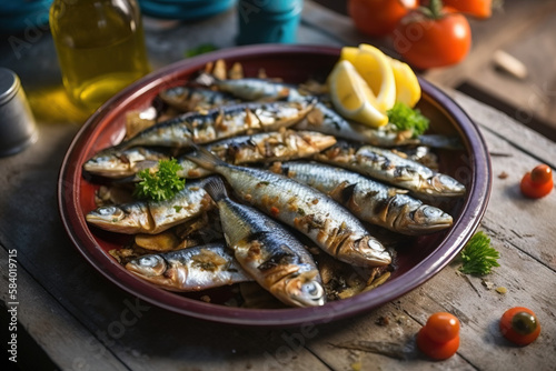 grilled sardines with lemon and herbs on a plate
