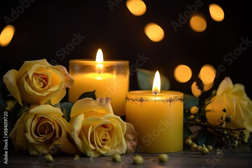  a group of yellow roses sitting next to a candle on top of a table.  generative ai