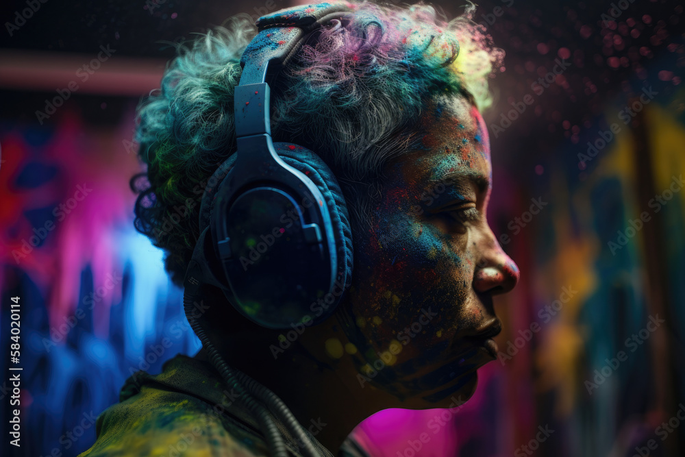 Person listening to music with colourful paint  energy flowing. Generative Ai.