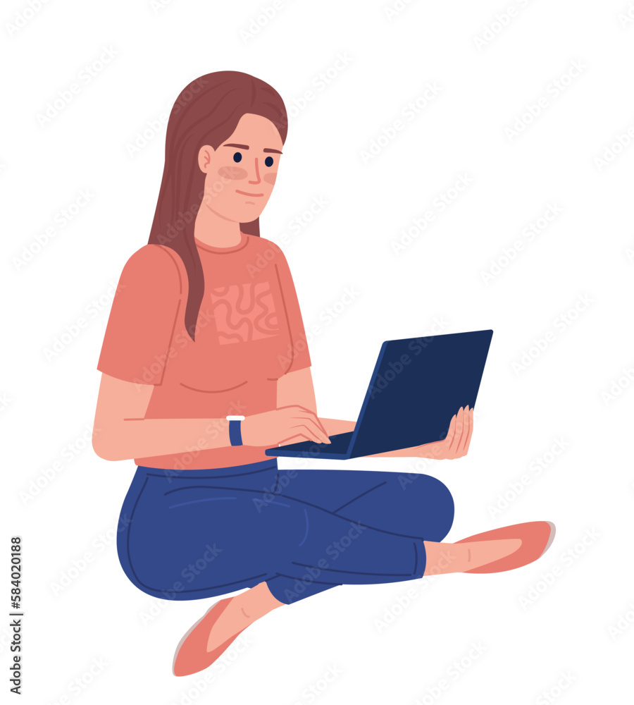 Female freelancer sitting with laptop semi flat color vector character. Editable figure. Full body person on white. Simple cartoon style spot illustration for web graphic design and animation Female freelancer sitting with laptop semi flat color vector character. Editable figure. Full body person on white. Simple cartoon style spot illustration for web graphic design and animation