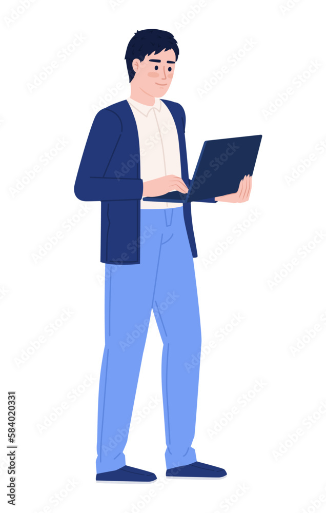 Working man with laptop semi flat color vector character. Male freelancer. Editable figure. Full body person on white. Simple cartoon style spot illustration for web graphic design and animation
