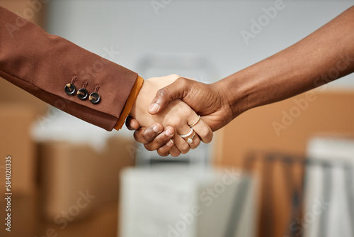Close-up of businesswoman shaking hands with worker from moving service