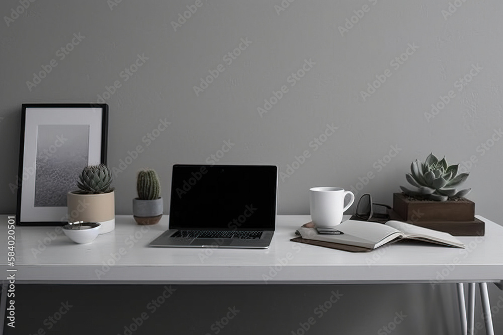 office desk with laptop and plants
office desk with laptop and plants