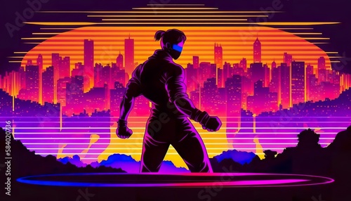 synth wave fighter on city background . Creative illustration. (Ai Generate)