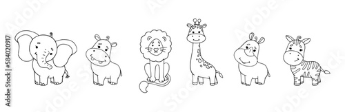 Line sketches, coloring pages of little cute animals of the African savannah. Vector graphics.