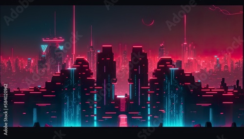 Metaverse city with glowing neon lights . Creative illustration. (Ai Generate)