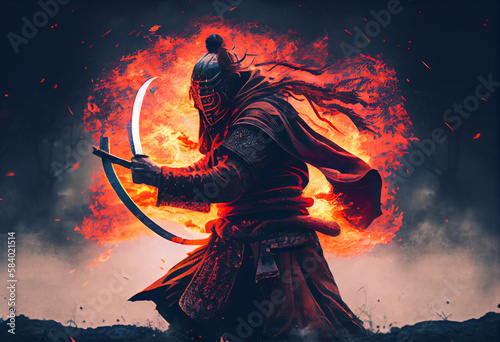 A samurai in a demonic red mask on the battlefield makes a swing with a katana creating a sizzling fire ring around. Generate Ai.