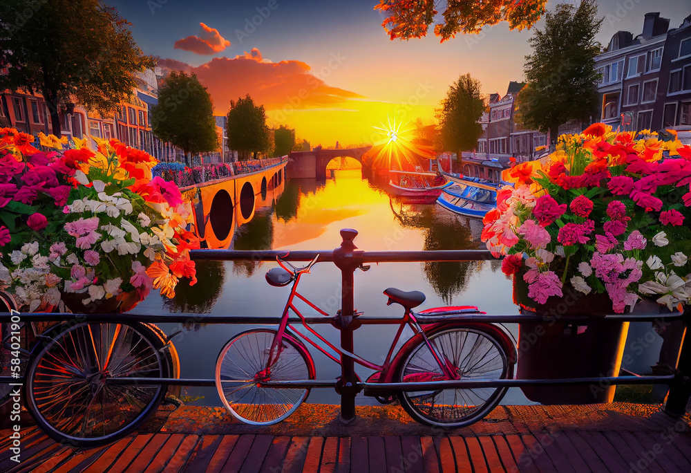 Beautiful summer sunrise on the famous UNESCO world heritage canals of Amsterdam, The Netherlands, with vibrant flowers and bicycles on a bridge. Generate Ai.
