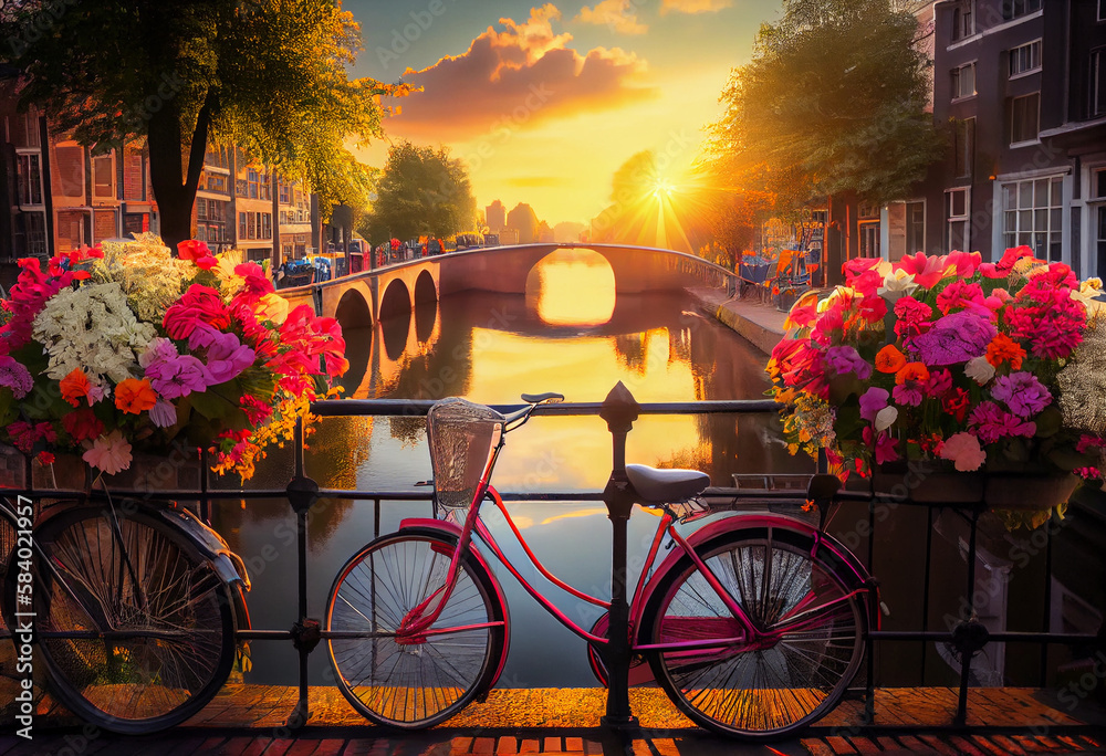 Beautiful summer sunrise on the famous UNESCO world heritage canals of Amsterdam, The Netherlands, with vibrant flowers and bicycles on a bridge. Generate Ai.
