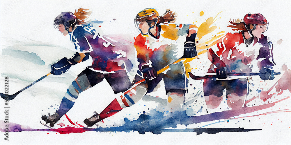custom made wallpaper toronto digitalIce Hockey and Female Empowerment: Watercolor Girls / Women playing Hockey. Poster. Generative AI.