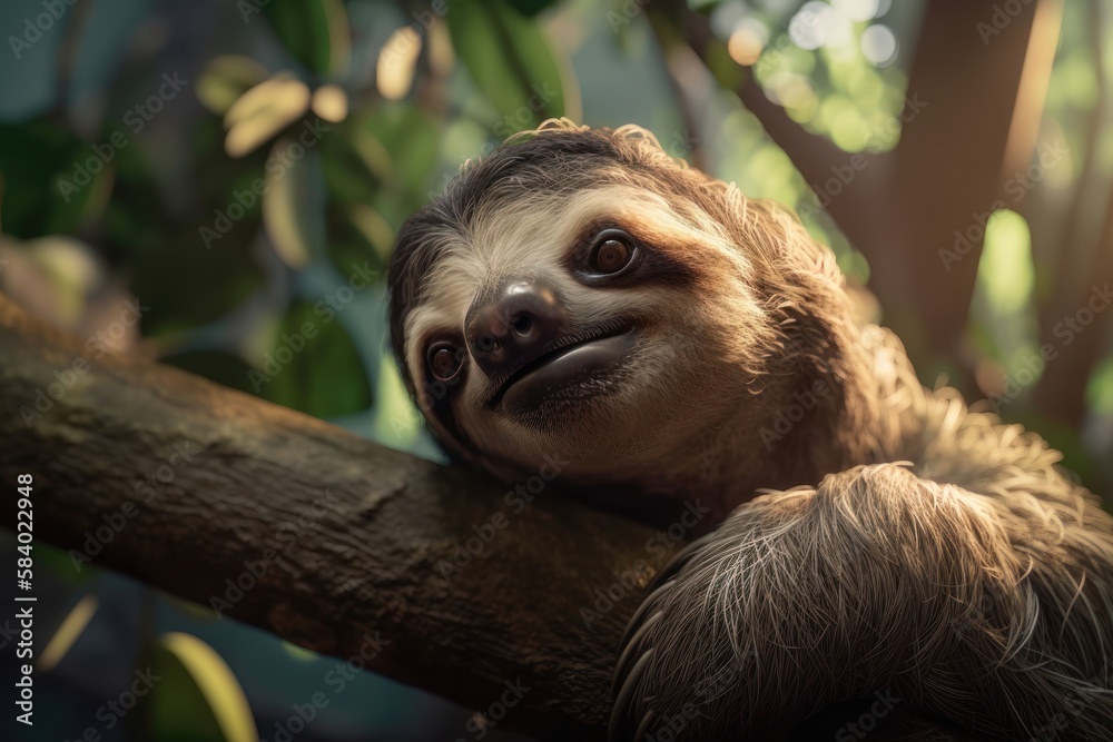 Funny Sloth Hanging on Tree Branch Wild Animal Portrait. AI generated Funny Sloth Hanging on Tree Branch Wild Animal Portrait. AI generated
